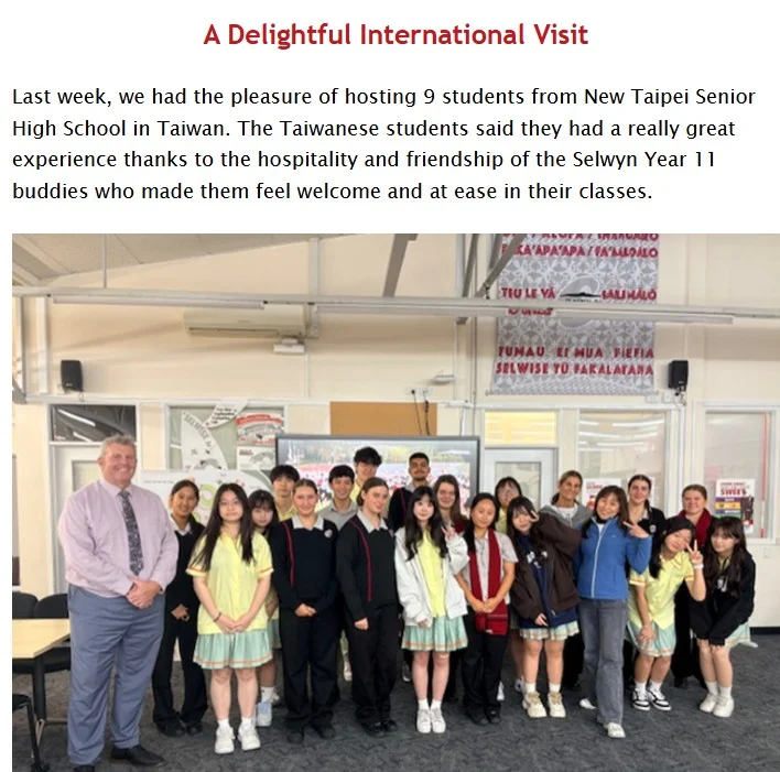 新北高中與 Selwyn College 交流成果，登上校方newsletter